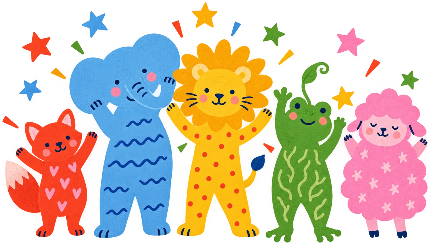 The kind.kids friends: a fox, an elephant, a lion, a frog and a sheep, cheering